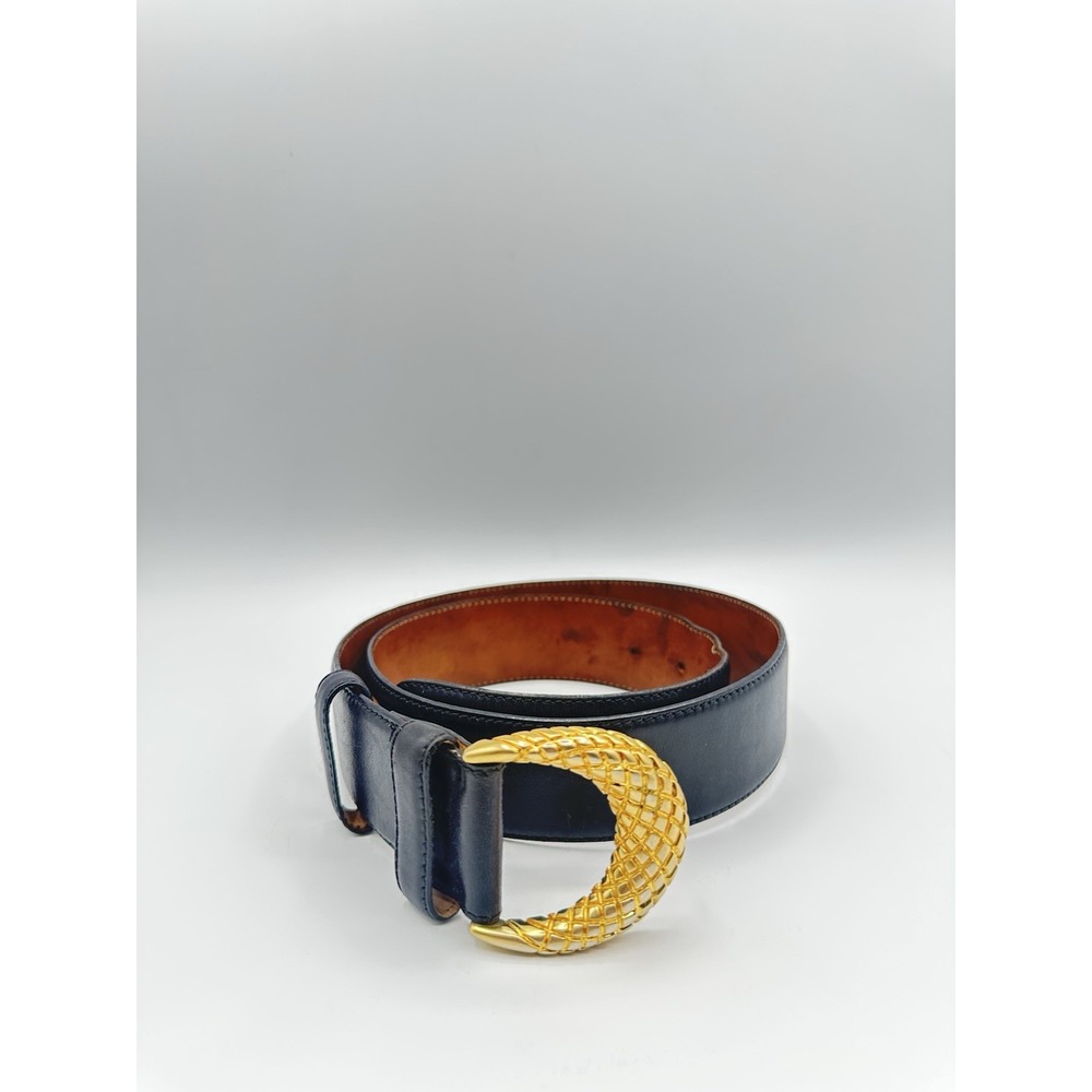 Donna Karan Vintage Black Leather Belt Gold Tone Mesh Buckle Medium